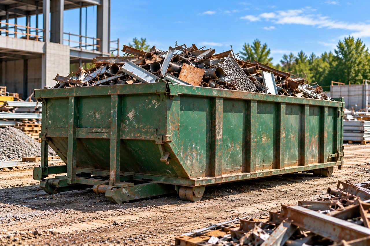 Conteneur rempli de ferraille sur un chantier